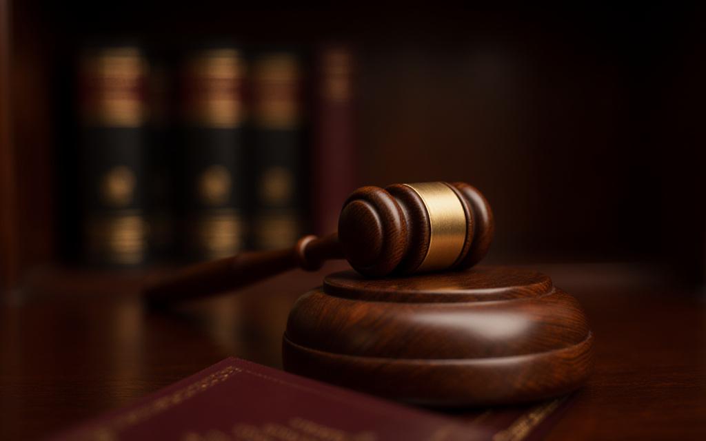 Gavel on a wooden desk with law books